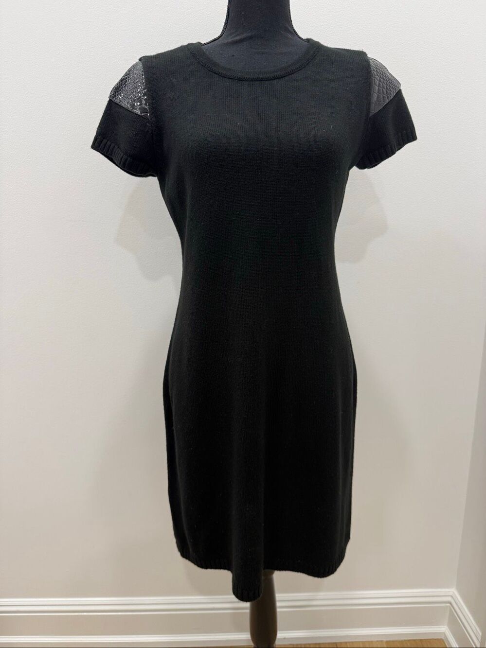 Calvin Klein Black Knit Sweater Dress Faux Leather Snakeskin Detail Size M